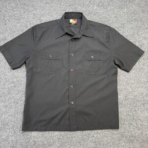 VTG Kikwear Shirt Mens Large/XL Black Nylon Button Up Rave Party Skate 90s Y2K‎